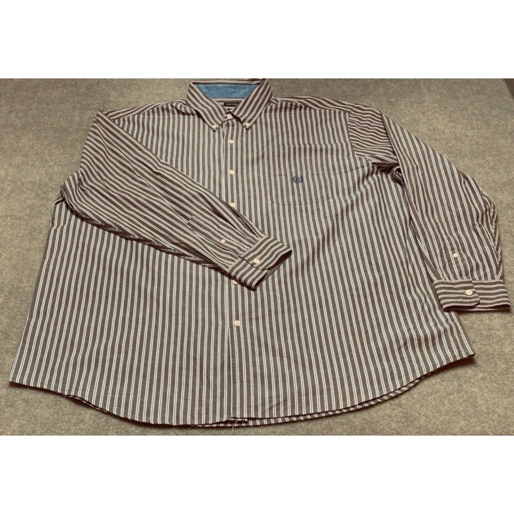 Chaps Button Down Shirt Mens 3XB Brown Blue Striped Easy Care Long Sleeve